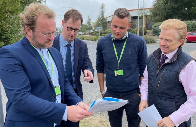 Tom Randall MP with the Leader of Nottinghamshire County Council, Cllr Ben Bradley MP, the Council’s Committee Chairman for Transport and Environment, Cllr Neil Clarke, and Carlton East’s County Councillor, Cllr Mike Adams, at a potential site for a fourth Trent crossing in Colwick at Netherfield retail park on Tuesday, 31st August 2021.